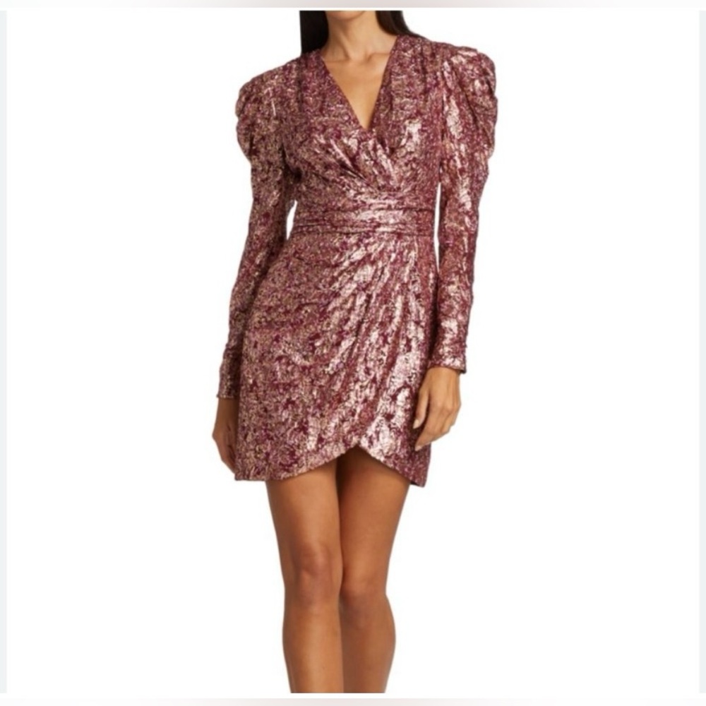 NWT Jonathan Simkhai Metallic Silk Jacquard bubble sleeve dress.